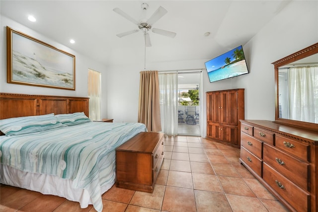 tiled bedroom featuring vaulted ceiling, access to outside, and ceiling fan