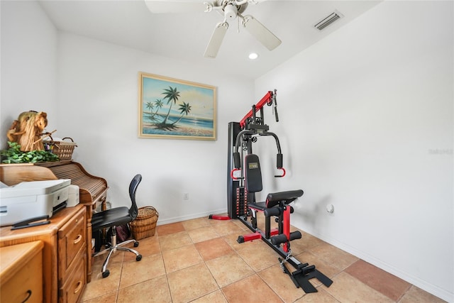 tiled home office with ceiling fan