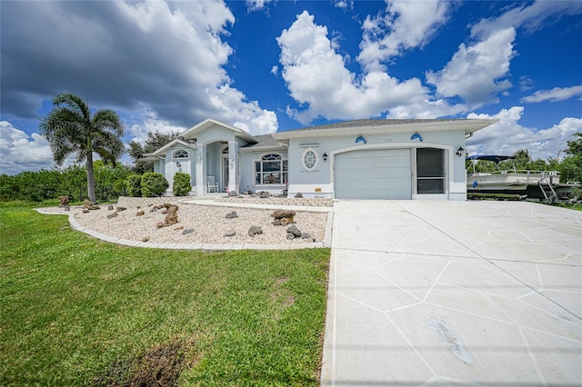 view of front of property with a garage and a front lawn