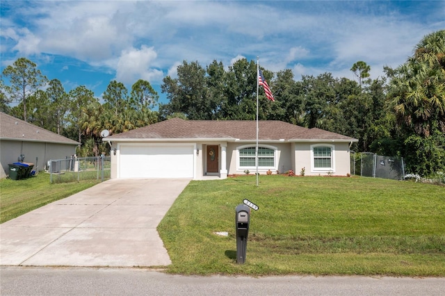 single story home featuring a front lawn and a garage