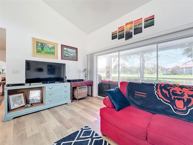 living room featuring lofted ceiling and light wood-type flooring