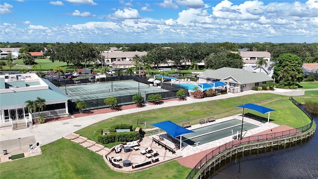 aerial view featuring a water view