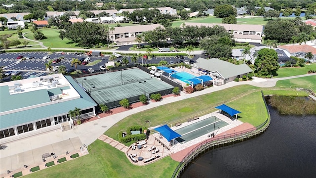 bird's eye view with a water view