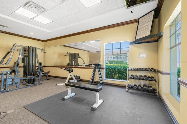 exercise room with visible vents, ornamental molding, and baseboards