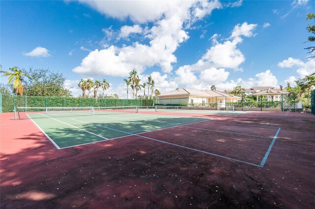 view of tennis court with fence