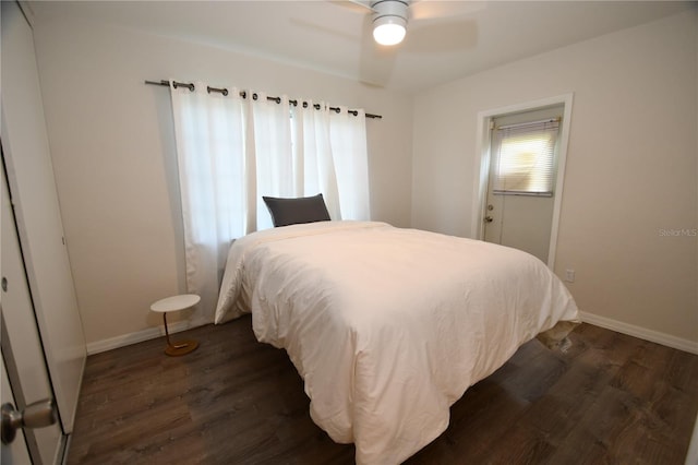 bedroom featuring dark hardwood / wood-style flooring, ceiling fan, and a closet