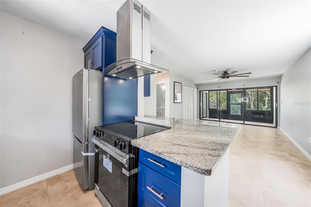 1001 W Marion Ave Unit 14, Punta Gorda, FL 33950 - kitchen featuring blue cabinets, black range with electric cooktop, island exhaust hood, and ceiling fan