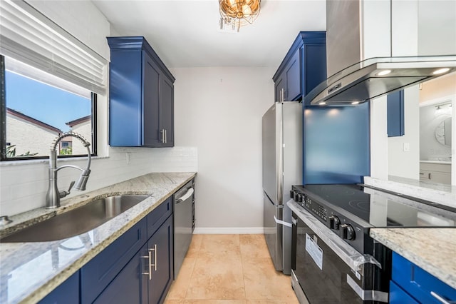 1001 W Marion Ave Unit 14, Punta Gorda, FL 33950 - kitchen featuring appliances with stainless steel finishes, a sink, wall chimney range hood, decorative backsplash, and blue cabinets