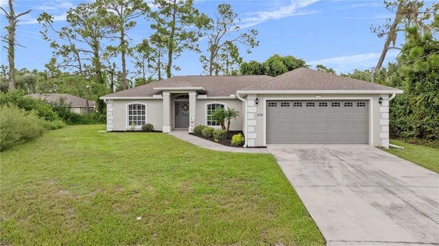 ranch-style home featuring a garage and a front lawn