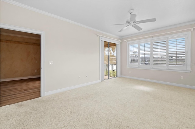 carpeted empty room with crown molding and ceiling fan