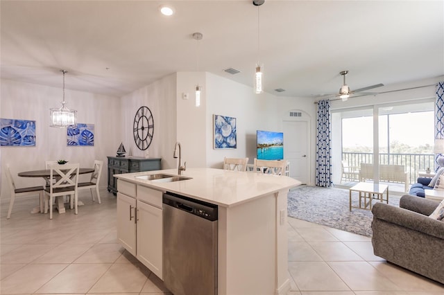 14131 Heritage Landing Blvd Unit 838, Punta Gorda, FL 33955 - kitchen featuring light tile patterned floors, visible vents, a sink, stainless steel dishwasher, and open floor plan