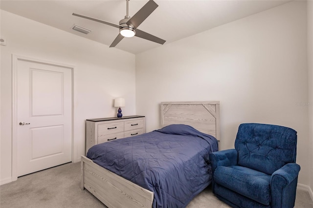 14131 Heritage Landing Blvd Unit 838, Punta Gorda, FL 33955 - bedroom featuring ceiling fan, visible vents, and light carpet
