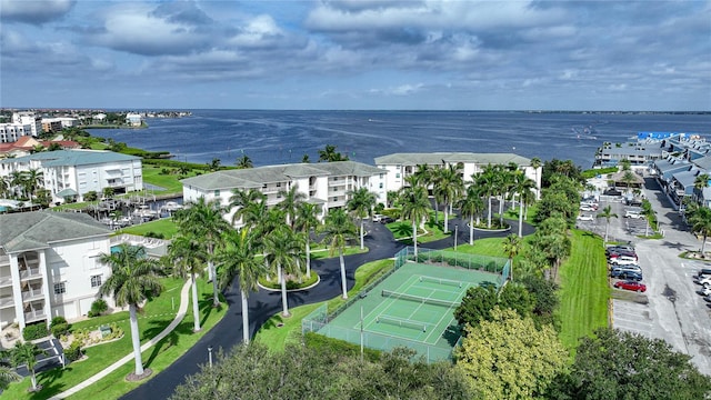 bird's eye view with a water view