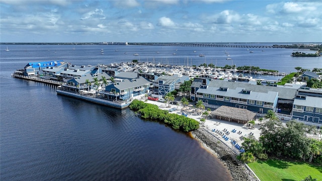 birds eye view of property featuring a water view