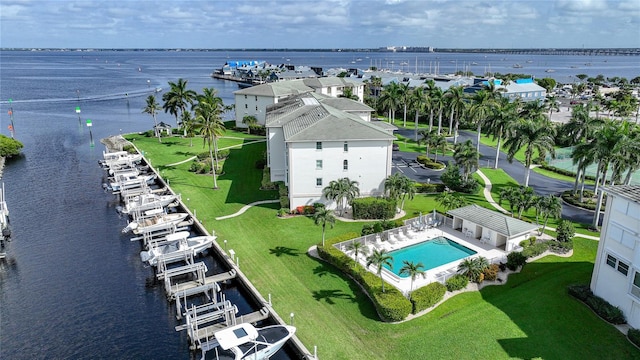 drone / aerial view with a water view