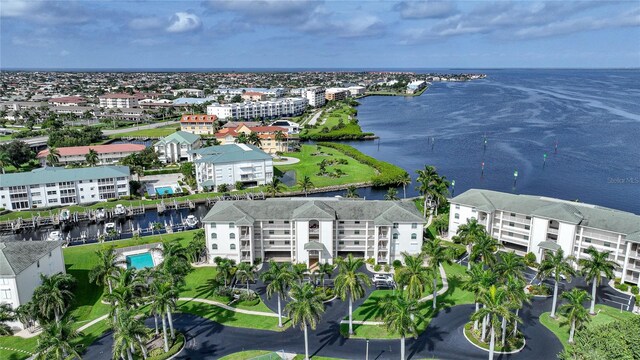 bird's eye view with a water view