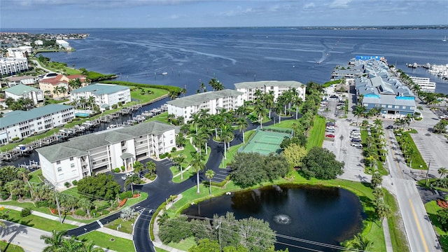 aerial view featuring a water view