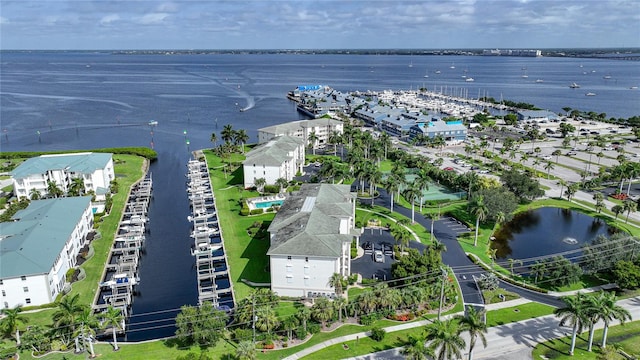 aerial view featuring a water view