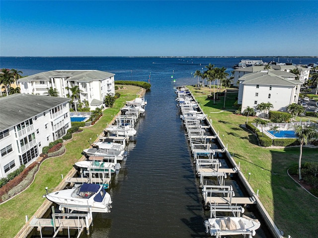 bird's eye view with a water view