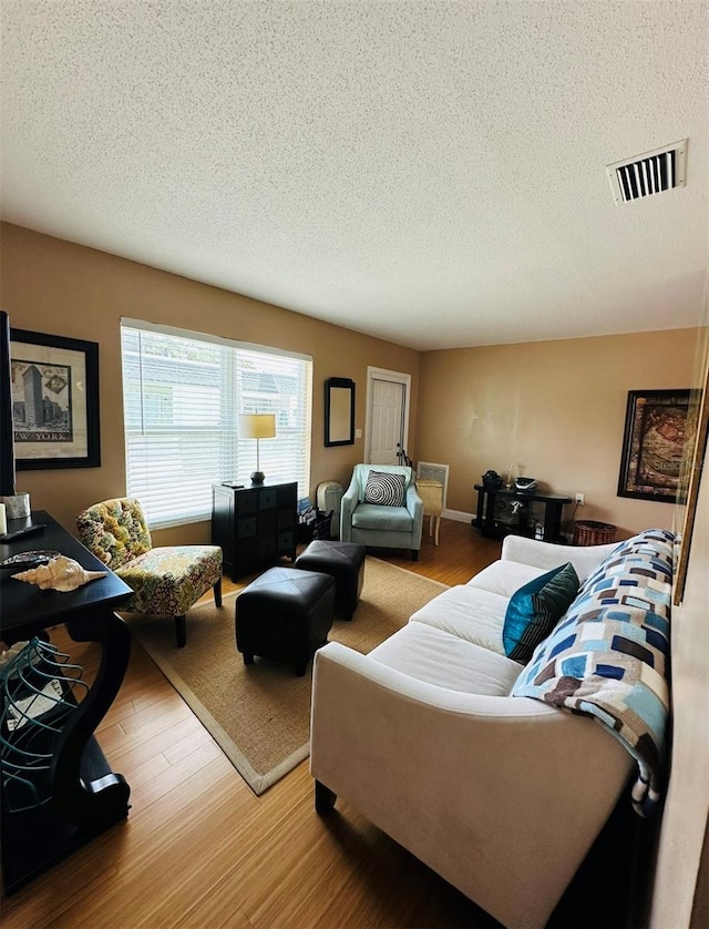 living room with a textured ceiling and hardwood / wood-style flooring