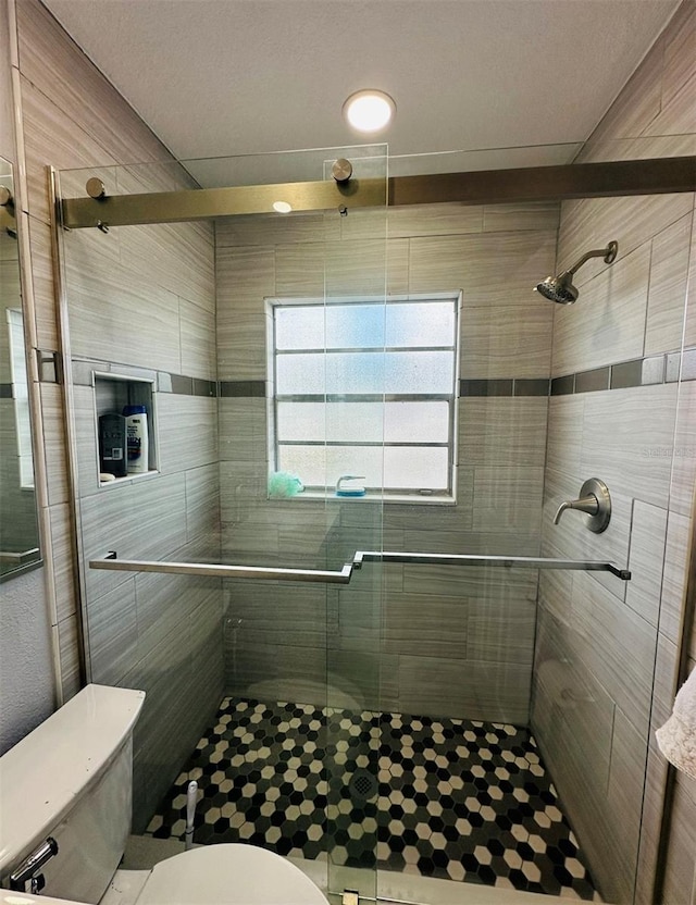 bathroom with toilet and a shower with door