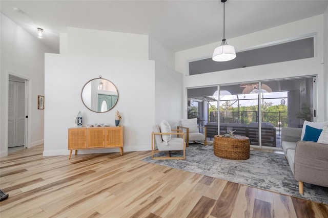 living room featuring a high ceiling and light hardwood / wood-style flooring