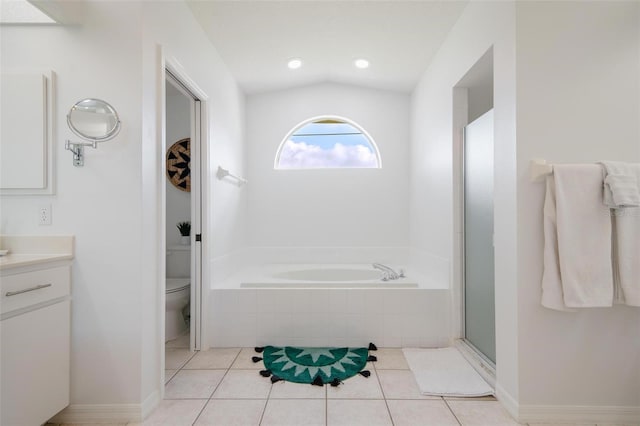 full bathroom featuring toilet, plus walk in shower, tile patterned flooring, vanity, and lofted ceiling