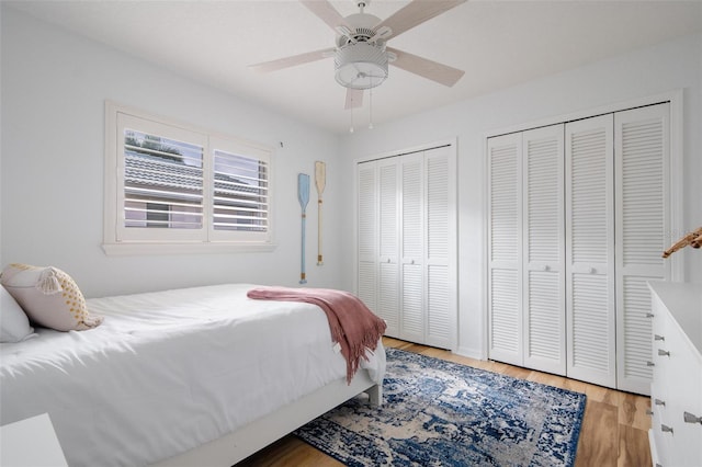 bedroom with two closets, ceiling fan, and wood-type flooring