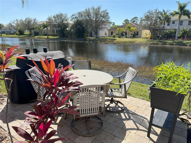 view of patio / terrace featuring a water view