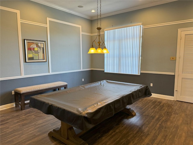 playroom featuring billiards, dark hardwood / wood-style floors, and ornamental molding