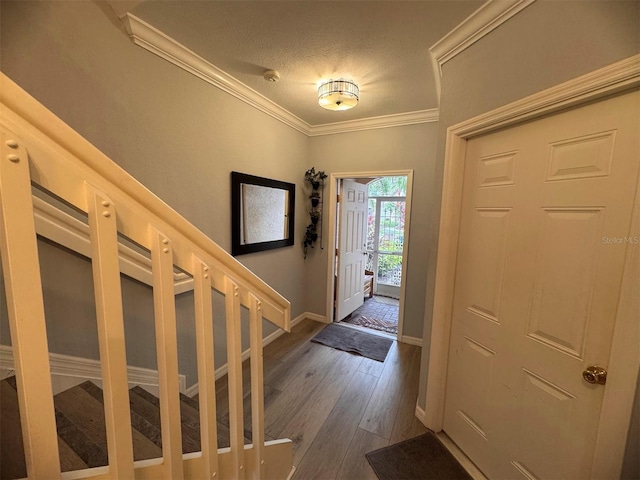 foyer featuring wood-type flooring, crown molding, and a textured ceiling