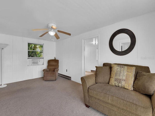 carpeted living room with baseboard heating, cooling unit, and ceiling fan