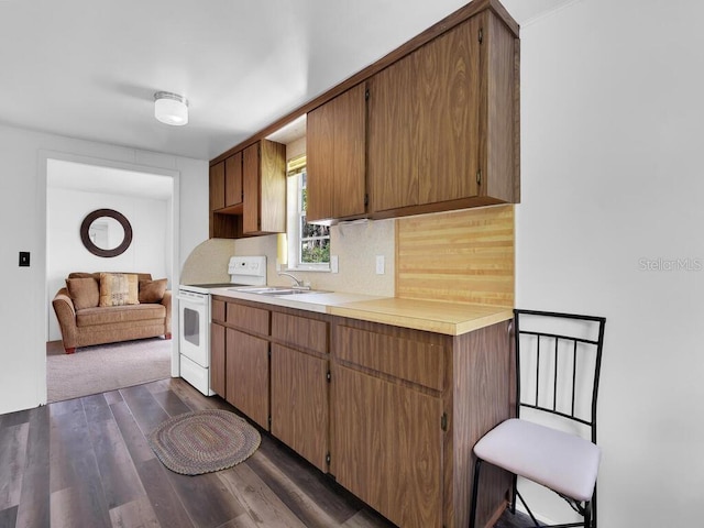 kitchen with backsplash, white range with electric stovetop, dark hardwood / wood-style flooring, and sink