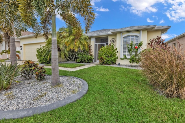 single story home with a garage and a front yard