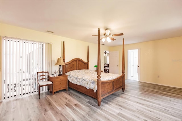 bedroom featuring ceiling fan and light wood-type flooring