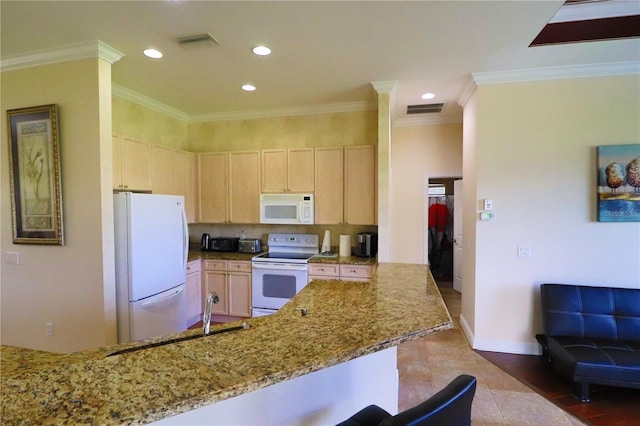 kitchen featuring white appliances, light stone counters, kitchen peninsula, and light brown cabinetry