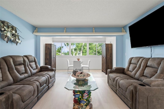 living room featuring light hardwood / wood-style floors and a textured ceiling