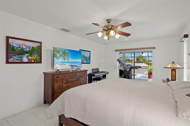 bedroom with ceiling fan, access to outside, and light tile patterned flooring