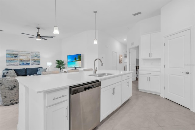 kitchen with ceiling fan, sink, a kitchen island with sink, white cabinetry, and dishwasher