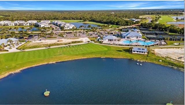 drone / aerial view featuring a water view