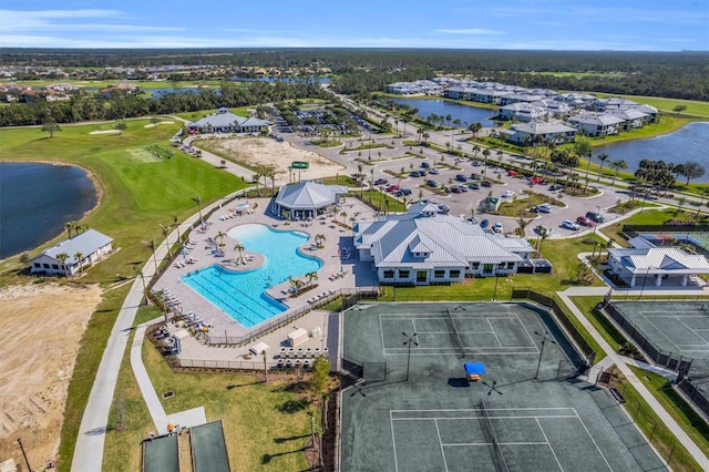 drone / aerial view featuring a water view