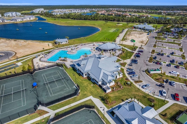 bird's eye view with a water view