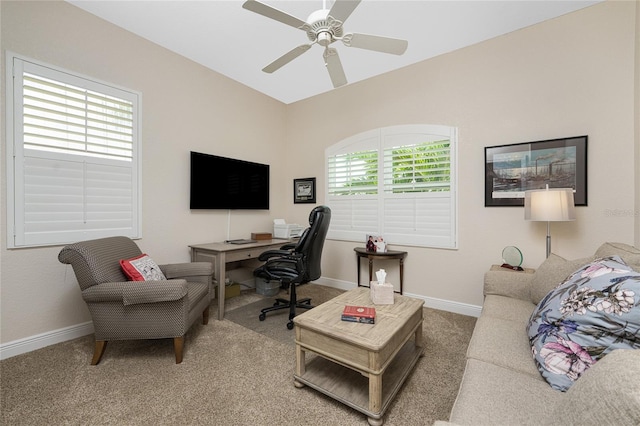 office area with ceiling fan and carpet floors