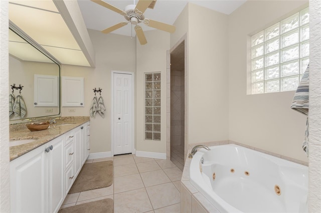 bathroom featuring tile patterned floors, ceiling fan, shower with separate bathtub, and vanity