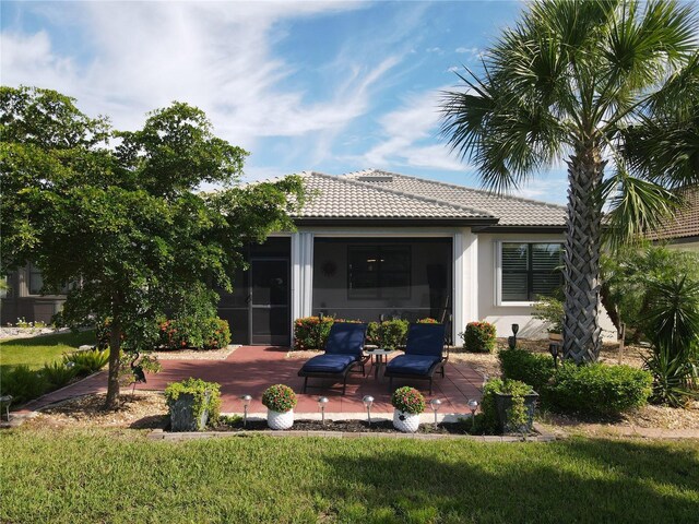 rear view of house featuring a patio area and a lawn