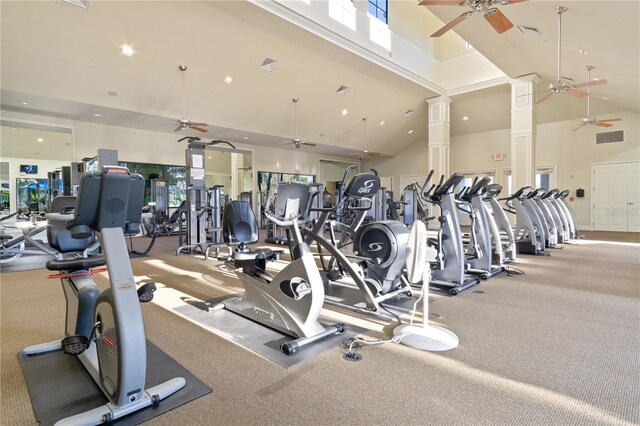 workout area featuring high vaulted ceiling, ceiling fan, and a healthy amount of sunlight