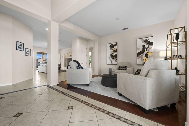 living room featuring light tile patterned floors