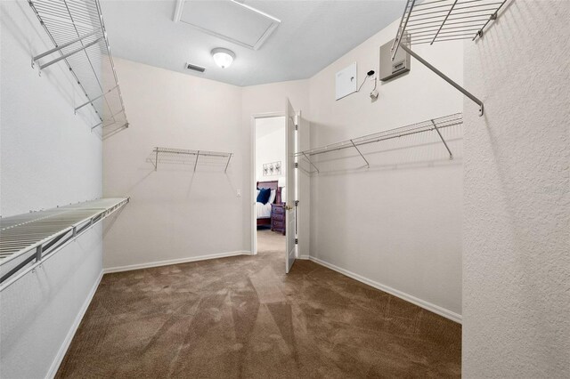 walk in closet with dark carpet