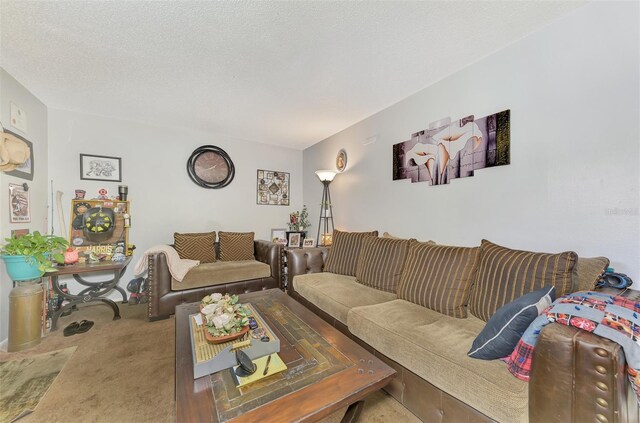 carpeted living room featuring a textured ceiling