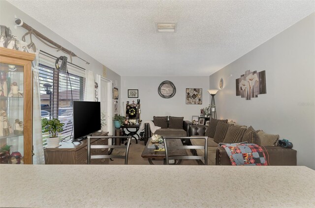 carpeted living room featuring a textured ceiling